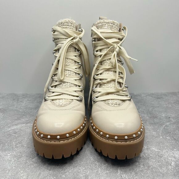 Steve Madden Cream Leather Rainier Platform Boot Size 8.5 M Pearl Accent Lace Up - Picture 4 of 12